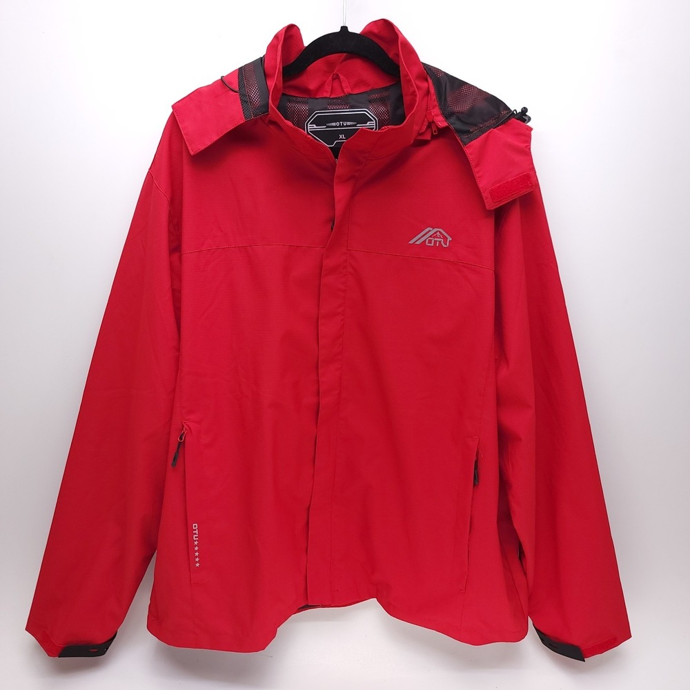 OTU Mens XL Lightweight Waterproof Hooded Rain Jacket Outdoor Raincoat Shell Red